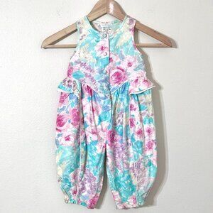 Vtg Mufflings 90s Floral Bubble Romper 24M Watercolor Pastel Ruffle Peplum